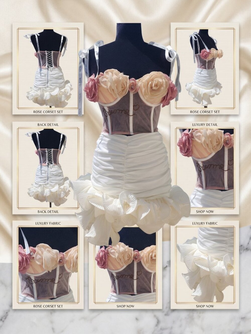 Luxury two piece Wedding Evening Cocktail Corset Bustier Top Skirt Flowers Dress